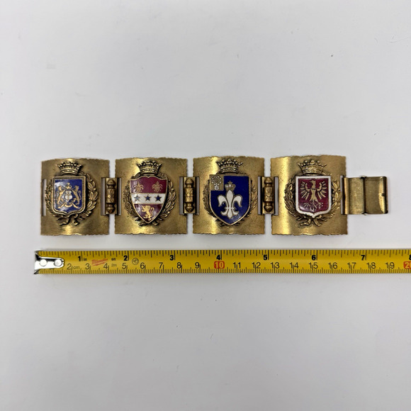 Vintage French WWII Brass Enamel Coat of Arms Link Bracelet 6.75” Approx Shield - Picture 4 of 12